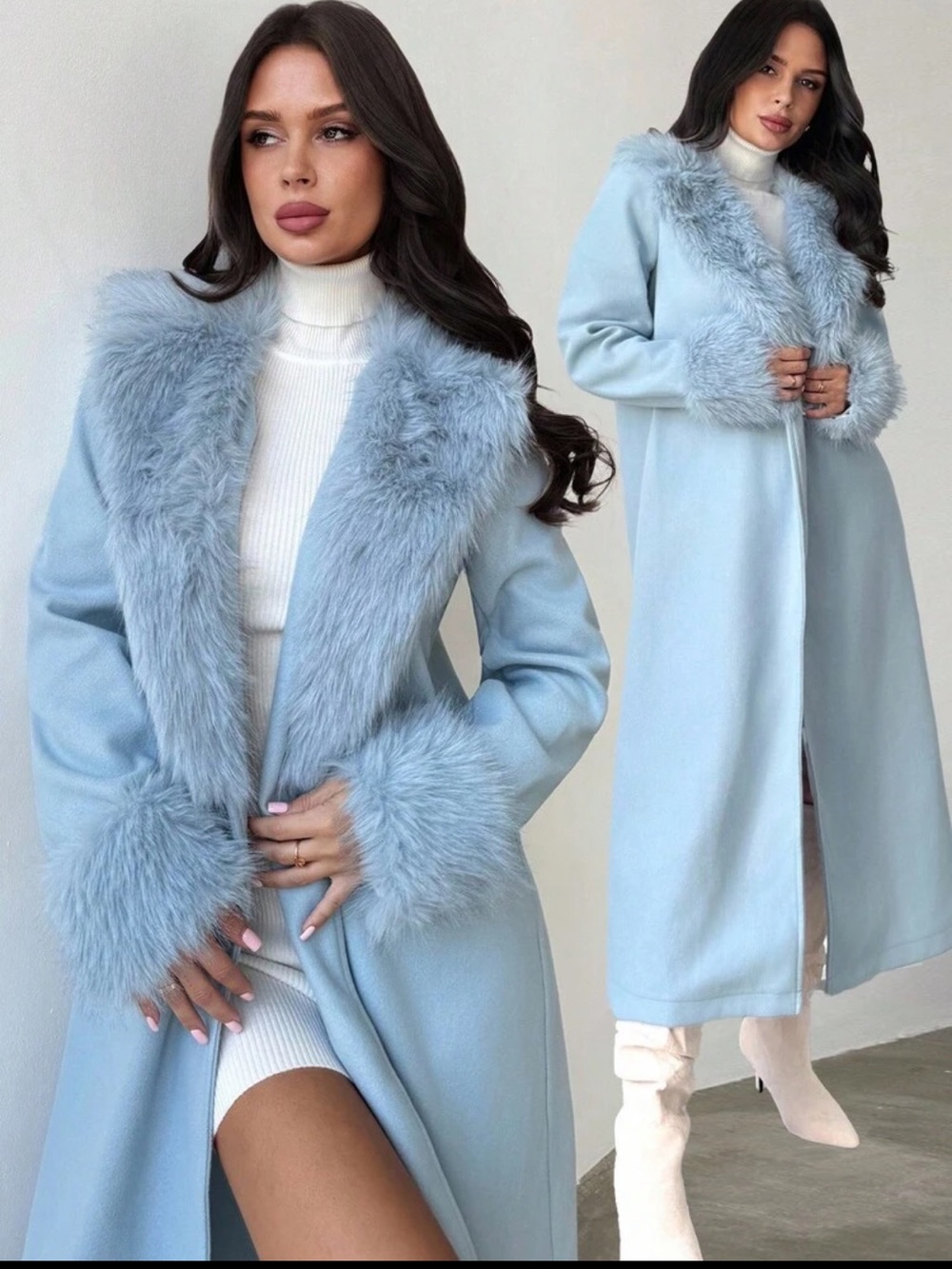 Luxury Light Blue Faux-Fur Trim Long Coat